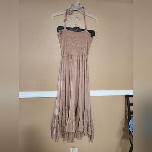 Brown Pleated One Shoulder Sundress for Wedding Guest